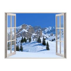 Fen&ecirc;tre avec vue sur une montagne enneig&eacute;e