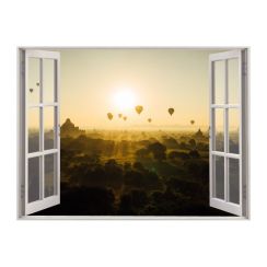 Fen&ecirc;tre avec vue sur les temples bouddhistes et des montgolfi&egrave;res